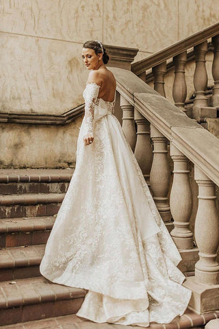 Long A-line Off The Shoulder Lace Wedding Dress With Sleeves
