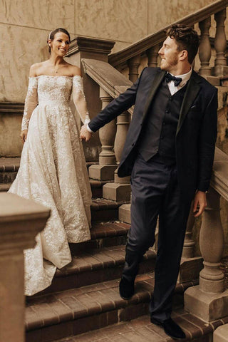 Long A-line Off The Shoulder Lace Wedding Dress With Sleeves