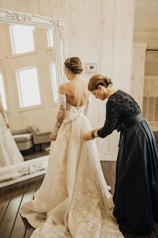 Long A-line Off The Shoulder Lace Wedding Dress With Sleeves