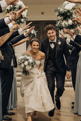 Long A-line Off The Shoulder Lace Wedding Dress With Sleeves