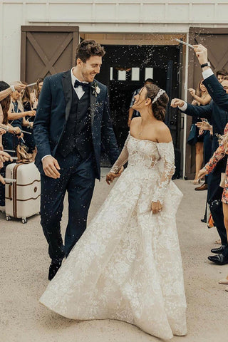 Long A-line Off The Shoulder Lace Wedding Dress With Sleeves