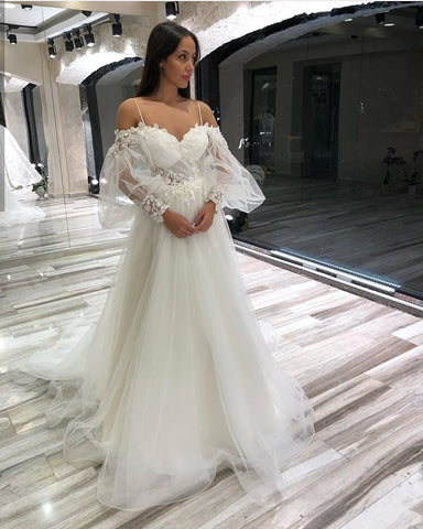 Long A-Line Off-the-Shoulder Sweetheart Appliques Lace Tulle Wedding Dresses with Sleeves