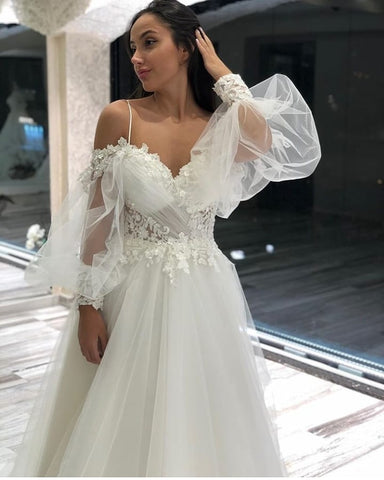 Long A-Line Off-the-Shoulder Sweetheart Appliques Lace Tulle Wedding Dresses with Sleeves