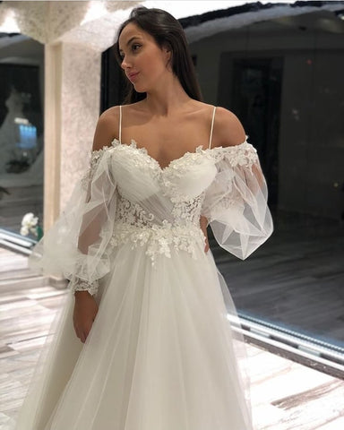 Long A-Line Off-the-Shoulder Sweetheart Appliques Lace Tulle Wedding Dresses with Sleeves