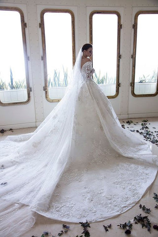 Long A-Line Off-the-Shoulder Sweetheart Backless Appliques Lace Crystal Wedding Dress with Sleeves