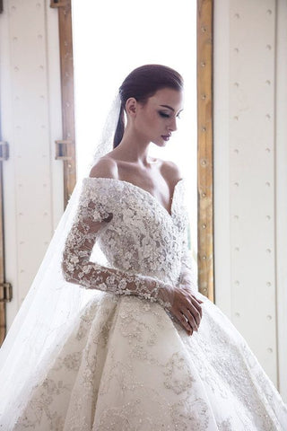 Long A-Line Off-the-Shoulder Sweetheart Backless Appliques Lace Crystal Wedding Dress with Sleeves