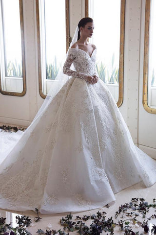 Long A-Line Off-the-Shoulder Sweetheart Backless Appliques Lace Crystal Wedding Dress with Sleeves