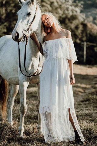 Long A-line Off-the-shoulder Tulle Lace Wedding Dress