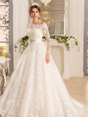 Long A-line Off-the-Shoulder Tulle Lace Wedding Dresses with Sleeves