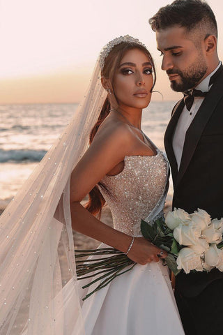 Long A-line One Shoulder Sequins Satin Wedding Dress with Sleeves