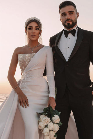 Long A-line One Shoulder Sequins Satin Wedding Dress with Sleeves