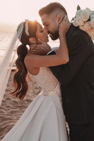 Long A-line One Shoulder Sequins Satin Wedding Dress with Sleeves