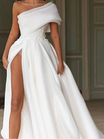 Long A-Line One Shoulder Sweep Brush Train Chiffon Wedding Dresses with Slit