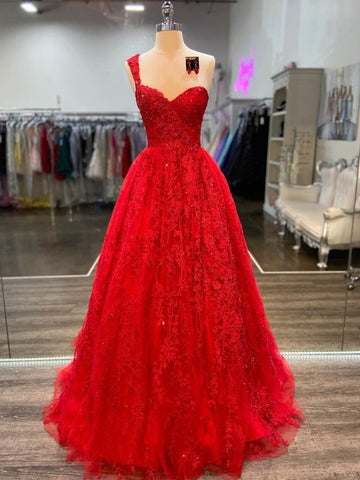 Long A-line One Shoulder Tulle Lace Prom Dress Red Backless Formal Evening Gowns