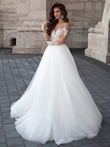 Long A-Line Sleeve Lace Tulle Backless Wedding Dresses with Sleeves