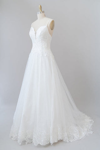 Long A-line Spaghetti Strap Applique Tulle Backless Wedding Dress
