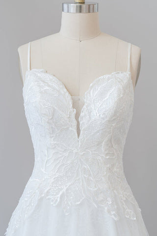 Long A-line Spaghetti Strap Applique Tulle Backless Wedding Dress