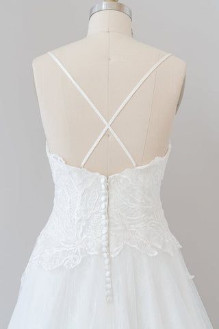 Long A-line Spaghetti Strap Applique Tulle Backless Wedding Dress