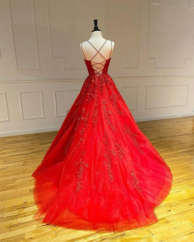 Long A-Line Spaghetti Straps Lace Tulle Open Back Prom Dress