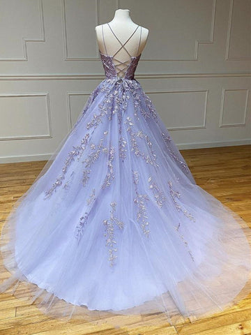 Long A-line Strapless Backless Tulle Lace Formal Graduation Prom Dresses