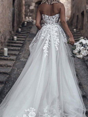 Long A-Line Strapless Sweep Brush Train Lace Tulle Sleeveless Wedding Dresses