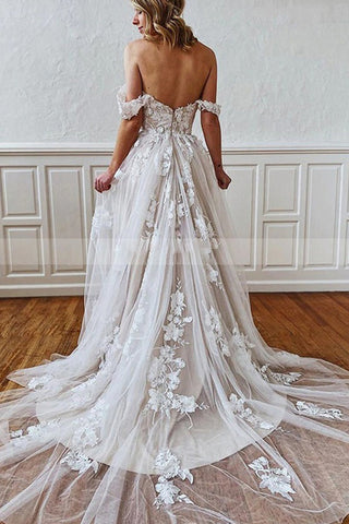 Long A-line Straps Sweetheart Appliques Lace Tulle Backless Wedding Dress