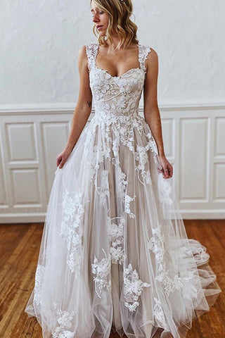 Long A-line Straps Sweetheart Appliques Lace Tulle Backless Wedding Dress