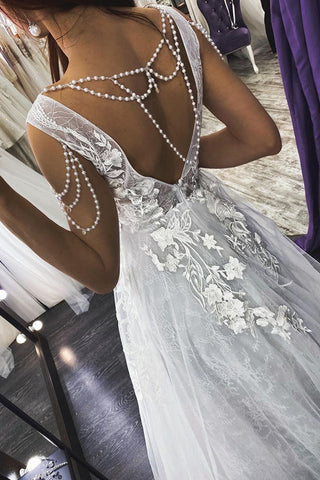 Long A-line Straps V-neck Appliques Pearls Backless Wedding Dress