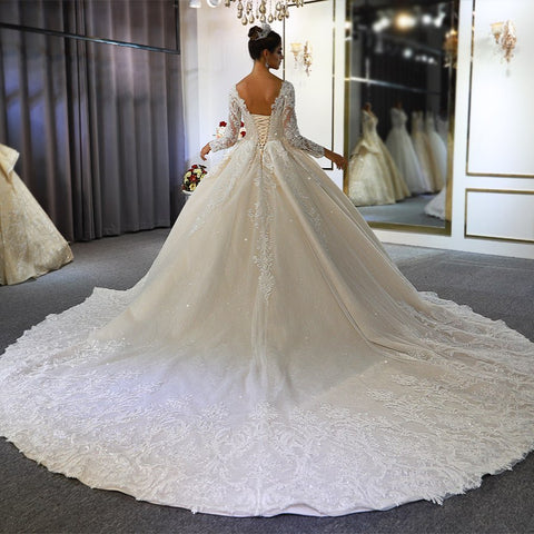 Long A-Line Sweetheart Backless Appliques Lace Sequins Wedding Dress with Sleeves