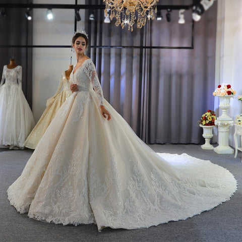 Long A-Line Sweetheart Backless Appliques Lace Sequins Wedding Dress with Sleeves