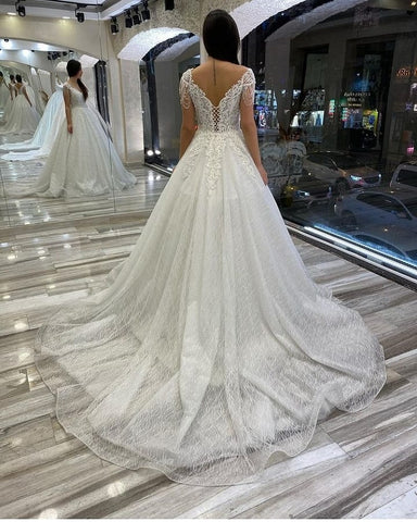 Long A-Line Sweetheart Backless Sequins Appliques Lace Wedding Dresses