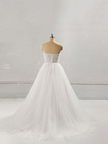 Long A-line Sweetheart Lace Tulle Wedding Dress