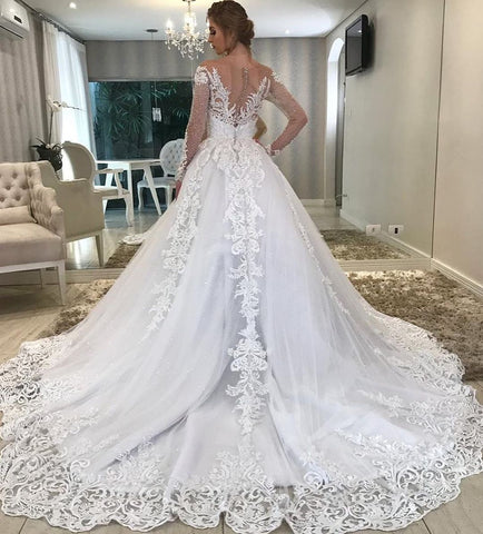 Long A-Line Sweetheart Off-the-Shoulder Appliques Lace Sequins Wedding Dress with Sleeves