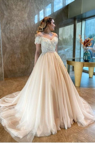 Long A-Line Sweetheart Off-the-Shoulder Backless Tulle Appliques Lace Wedding Dress
