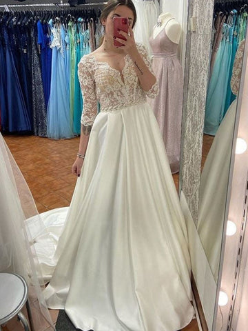 Long A-line Sweetheart Satin Lace Wedding Dress with Sleeves Ivory Bridal Gowns