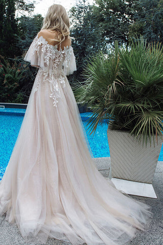 Long A-line Tulle Appliques Lace Off-the-shoulder Wedding Dress