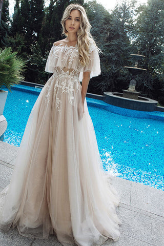 Long A-line Tulle Appliques Lace Off-the-shoulder Wedding Dress