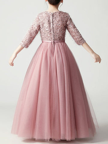 Long A-Line Tulle Jewel Neck Pageant Flower Girl Dresses With Sleeves