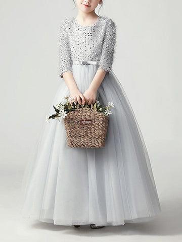 Long A-Line Tulle Jewel Neck Pageant Flower Girl Dresses With Sleeves