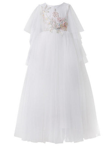 Long A-Line Tulle Short Sleeve Jewel Neck Pageant Flower Girl Dresses