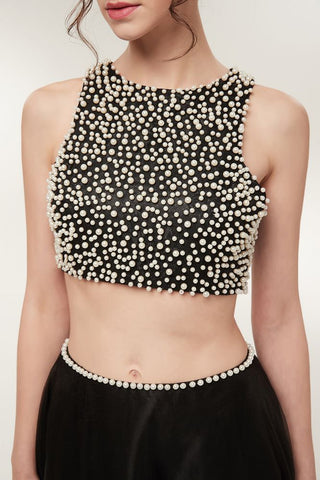 Long A-line Two-piece Tulle Crew Sleeveless Prom Dresses with Pearls