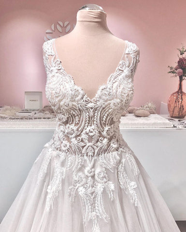 Long A-line V-neck Appliques Lace Backless Tulle Ruffles Wedding Dress