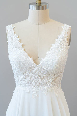 Long A-line V-neck Appliques Lace Chiffon Wedding Dress