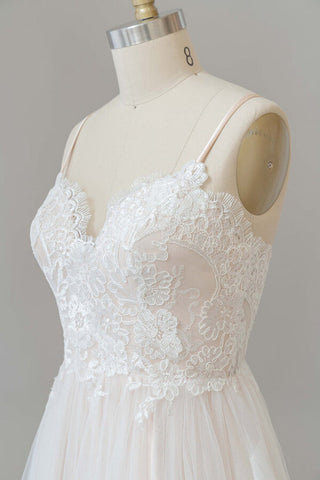 Long A-line V-neck Appliques Lace Tulle Backless Wedding Dress