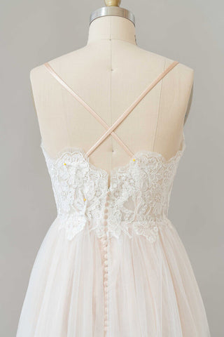 Long A-line V-neck Appliques Lace Tulle Backless Wedding Dress