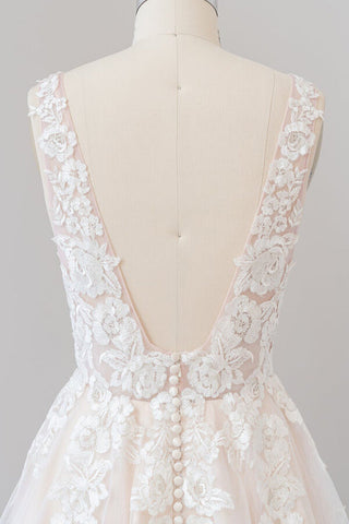 Long A-line V-neck Appliques Lace Tulle Backless Wedding Dress
