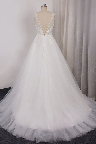 Long A-line V-neck Appliques Lace Tulle Wedding Dress