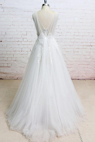 Long A-line V-neck Appliques Lace Tulle Wedding Dress