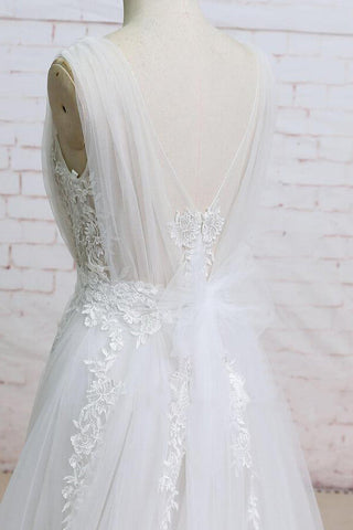 Long A-line V-neck Appliques Lace Tulle Wedding Dress