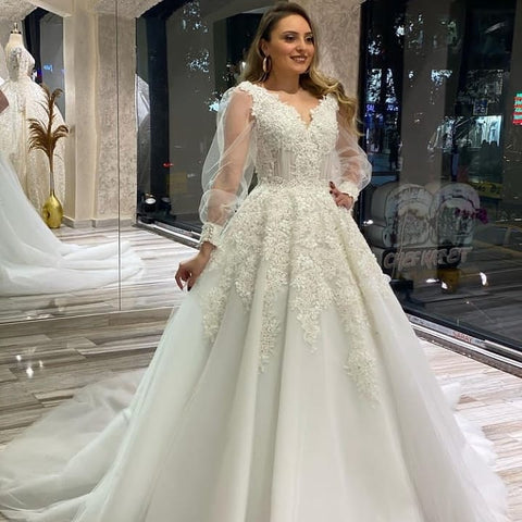 Long A-Line V-neck Appliques Lace Tulle Wedding Dress With Puffy Long Sleeves